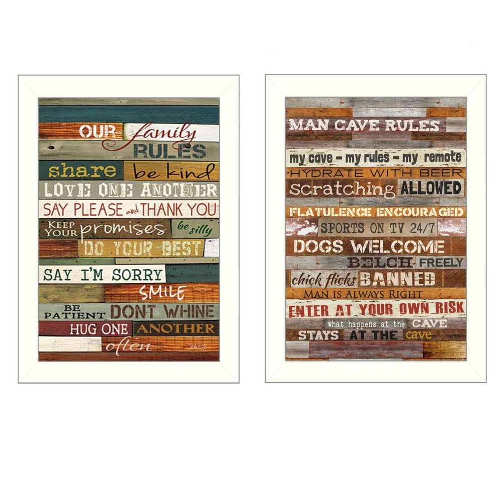 Set Of Two Family and Man Cave Rules 2 White Framed Print Wall Art HomeRoots