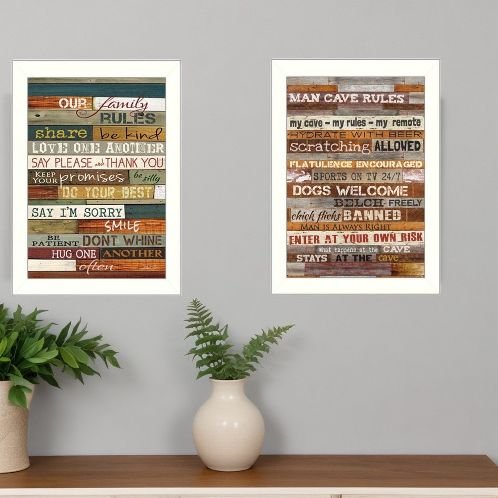 Set Of Two Family and Man Cave Rules 2 White Framed Print Wall Art HomeRoots