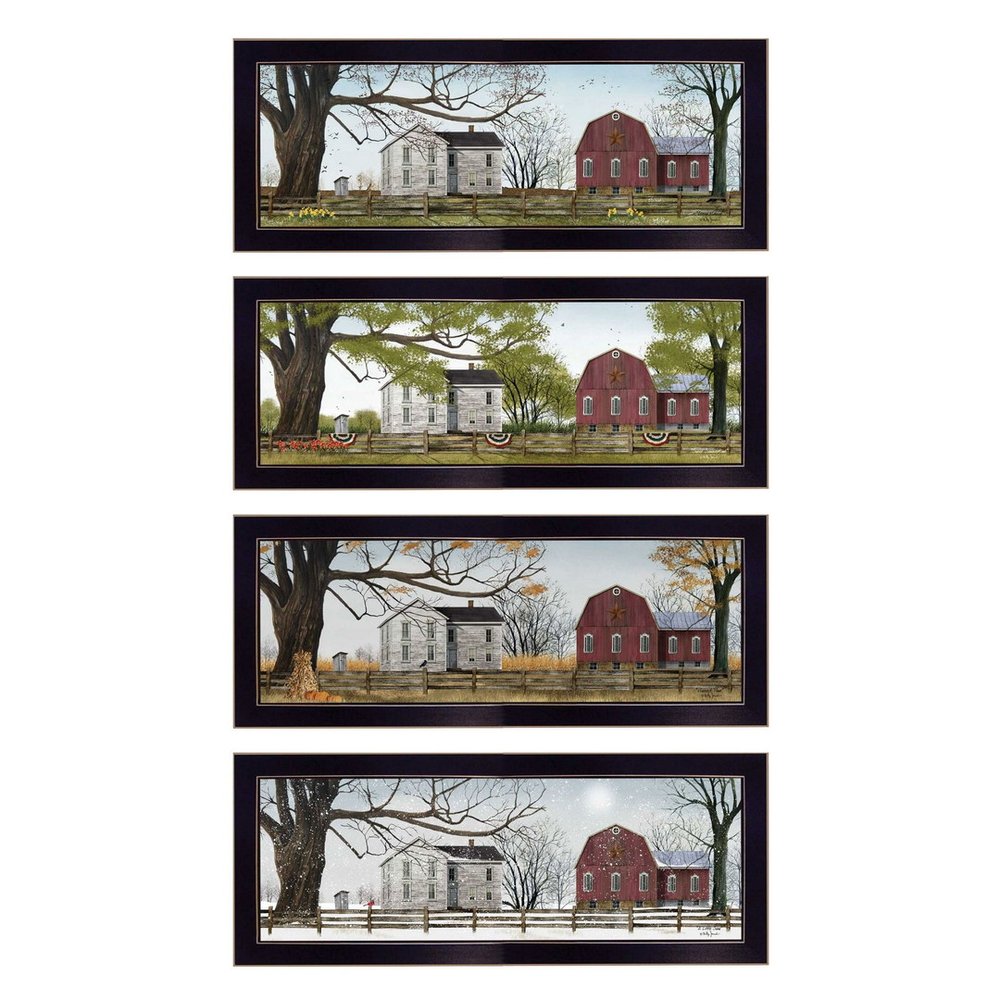 Set Of Four Red Barn For The Season Black Framed Print Wall Art HomeRoots