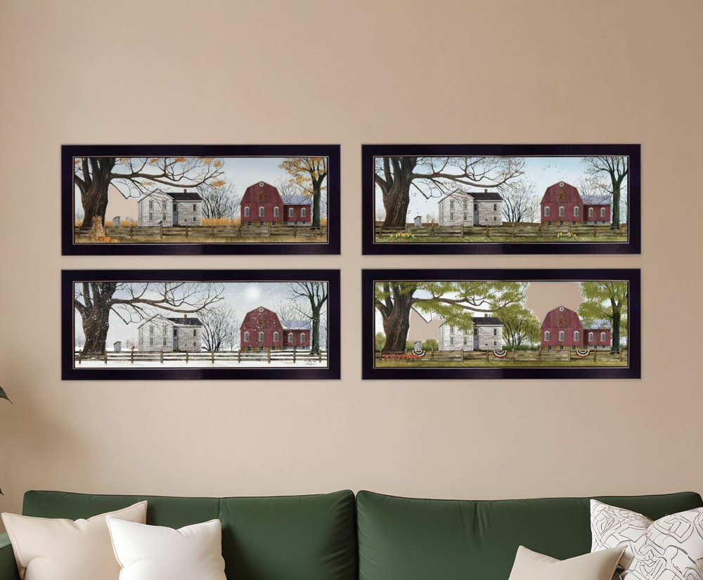 Set Of Four Red Barn For The Season Black Framed Print Wall Art HomeRoots