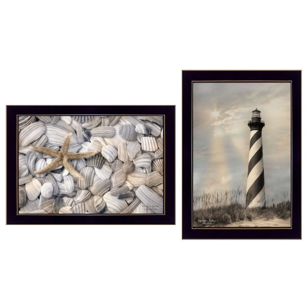 Set Of Two Cape Hatteras Lighthouse and Sea Shells 1 Black Framed Print Wall Art — view 3