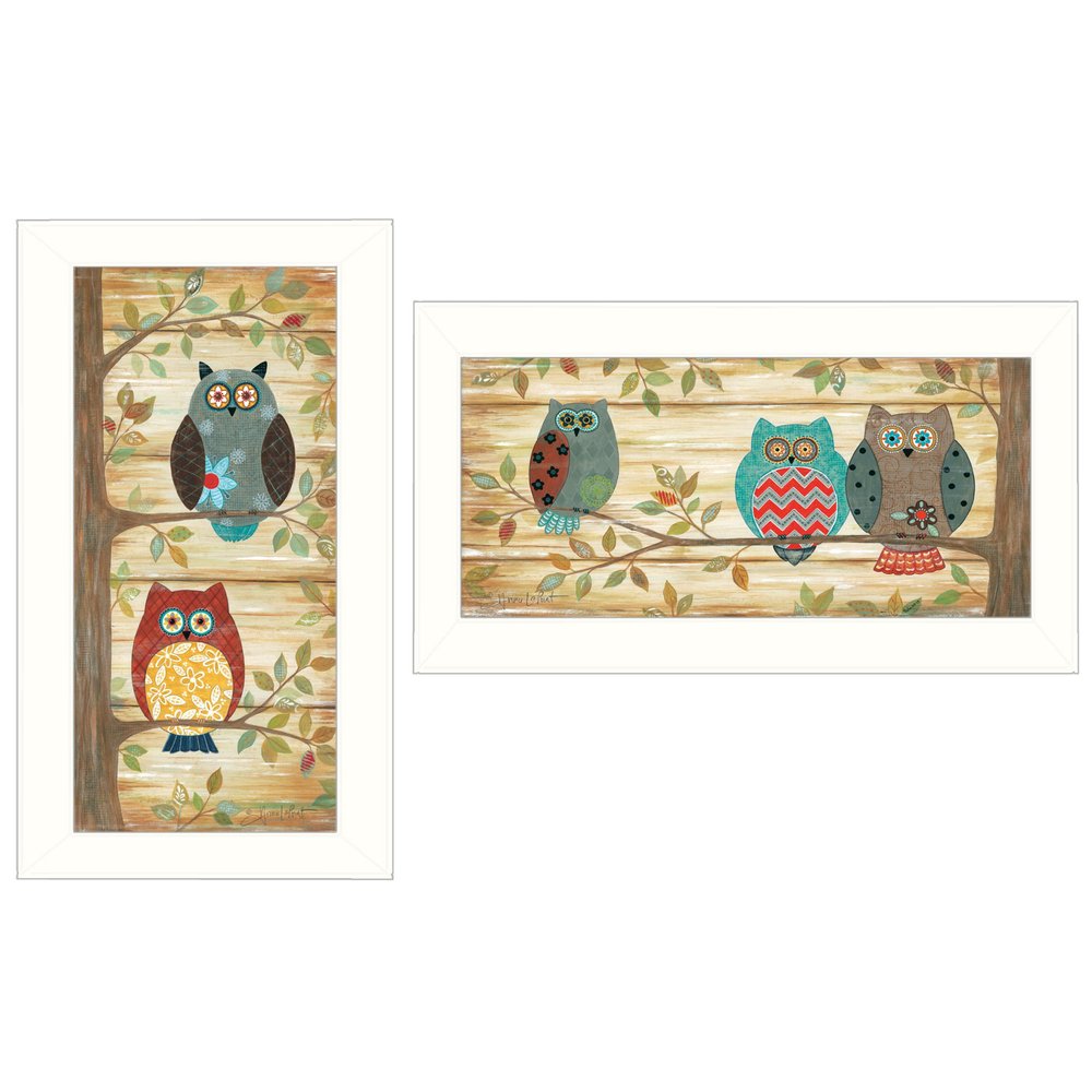 Set Of Two Whimsical Owls White Framed Print Wall Art — view 1