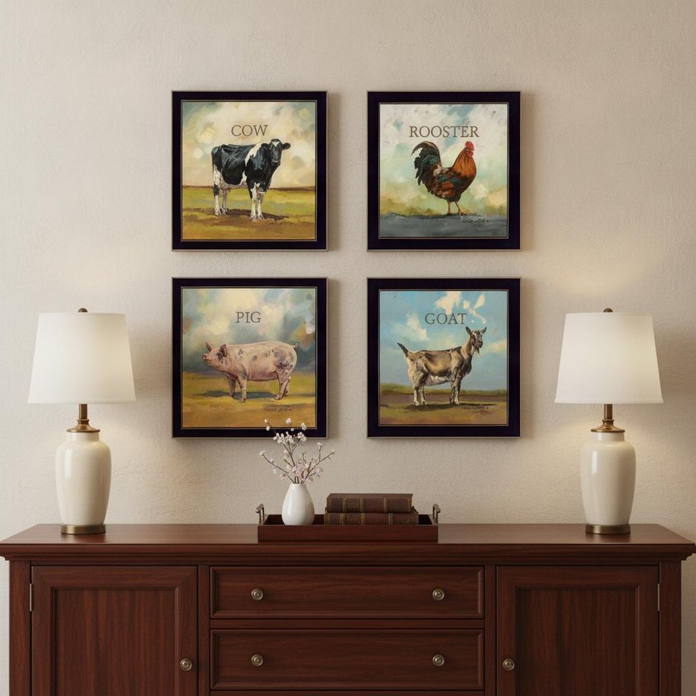 Set Of Four Farm Animals 1 Black Framed Print Wall Art — view 3