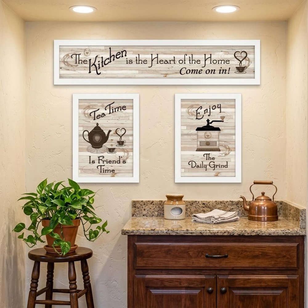 Set Of Three Kitchen Is The Heart of Home White Framed Kitchen Wall Art — view 7