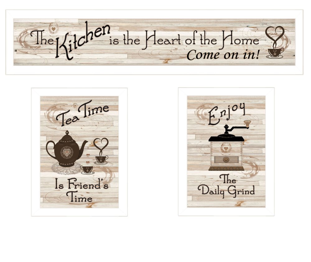 Set Of Three Kitchen Is The Heart of Home White Framed Kitchen Wall Art — view 4