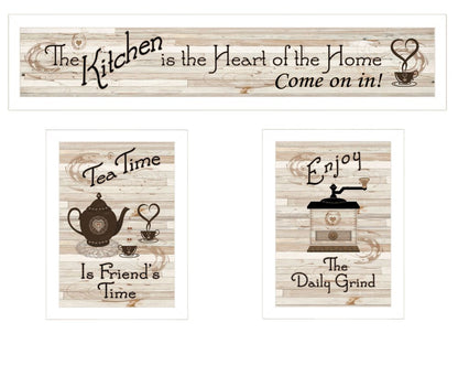 Set Of Three Kitchen Is The Heart of Home White Framed Kitchen Wall Art
