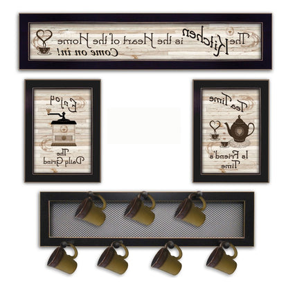 Set Of Four Kitchen Collection IV with Seven Peg Mug Rack 3 Black Framed Kitchen Wall Art