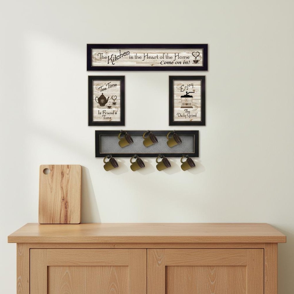 Set Of Four Kitchen Collection IV with Seven Peg Mug Rack 3 Black Framed Kitchen Wall Art — view 5