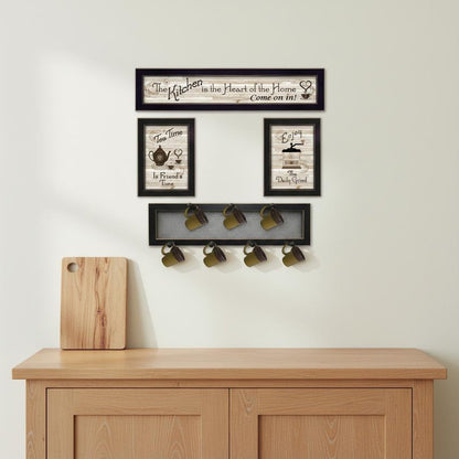 Set Of Four Kitchen Collection IV with Seven Peg Mug Rack 3 Black Framed Kitchen Wall Art
