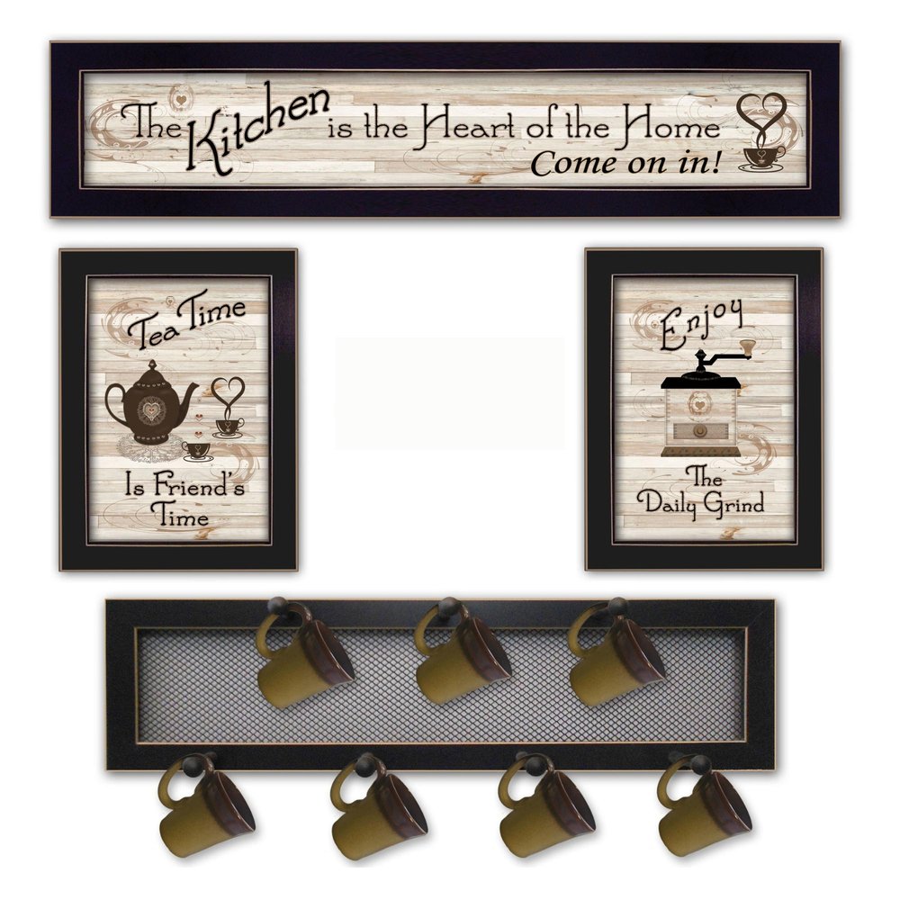 Set Of Four Kitchen Collection IV with Seven Peg Mug Rack 3 Black Framed Kitchen Wall Art — view 2