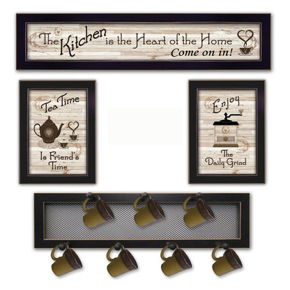 Set Of Four Kitchen Collection IV with Seven Peg Mug Rack 3 Black Framed Kitchen Wall Art