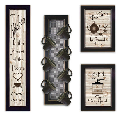 Set Of Four Kitchen Collection V with Seven Peg Mug Rack 3 Black Framed Print Kitchen Wall Art HomeRoots