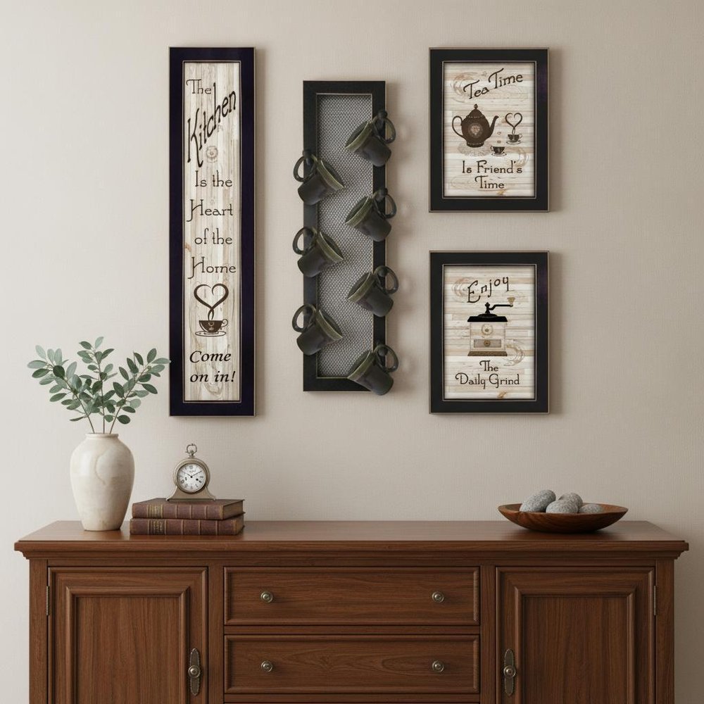 Set Of Four Kitchen Collection V with Seven Peg Mug Rack 3 Black Framed Print Kitchen Wall Art — view 1