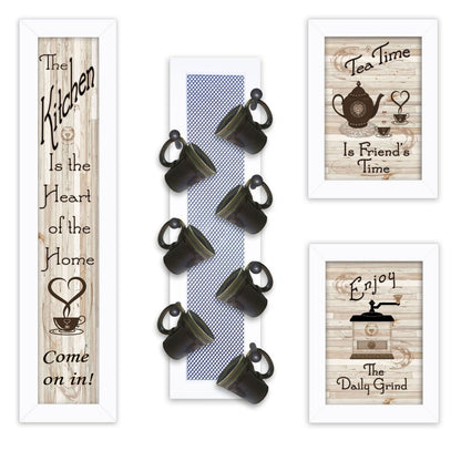 Set Of Four Kitchen Collection V with Seven Peg Mug Rack 3 Black Framed Print Kitchen Wall Art HomeRoots