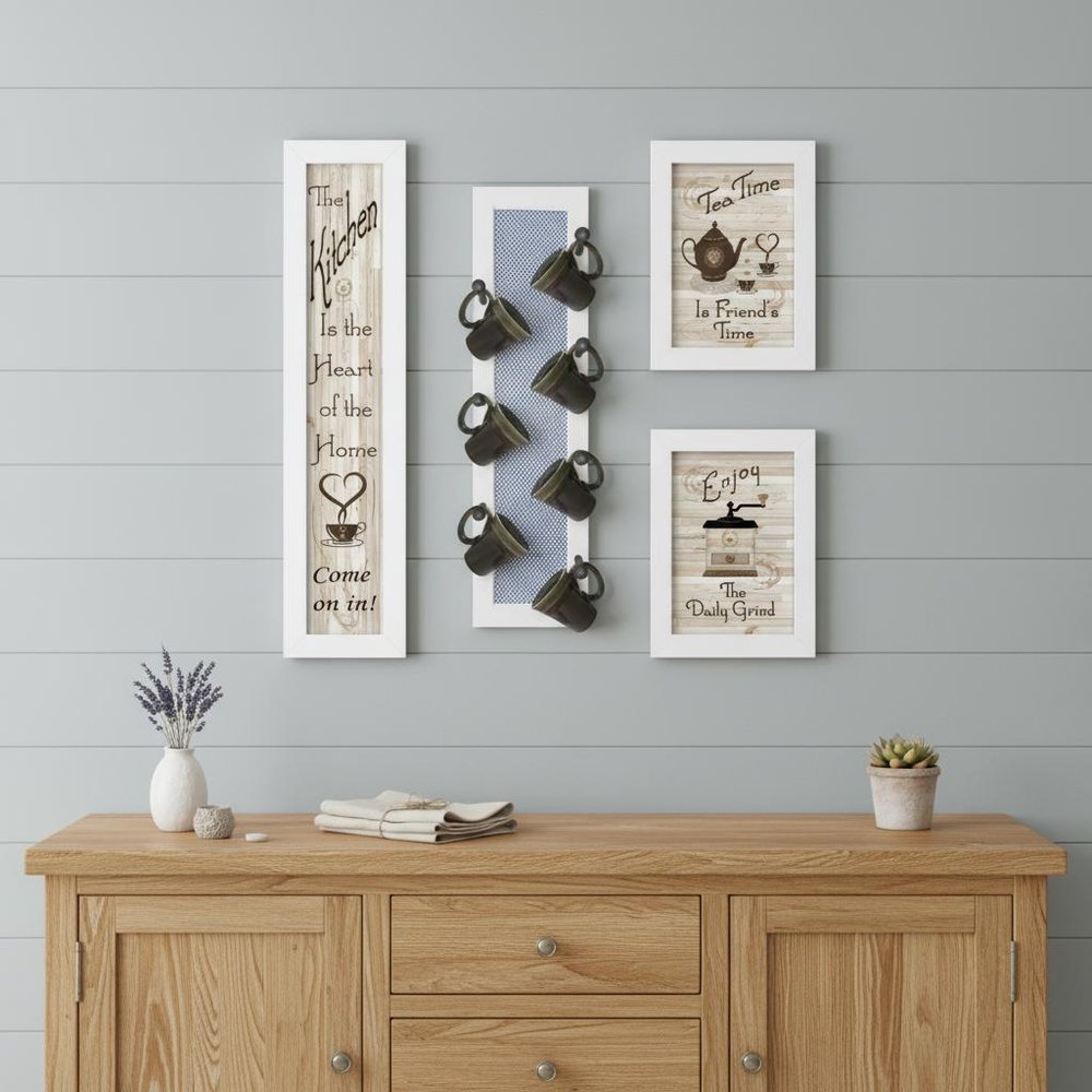 Set Of Four Kitchen Collection V with Seven Peg Mug Rack 3 Black Framed Print Kitchen Wall Art HomeRoots