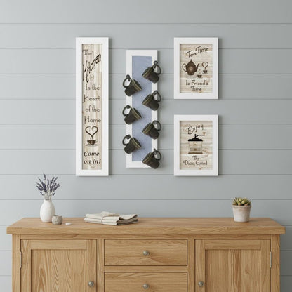 Set Of Four Kitchen Collection V with Seven Peg Mug Rack 3 Black Framed Print Kitchen Wall Art HomeRoots