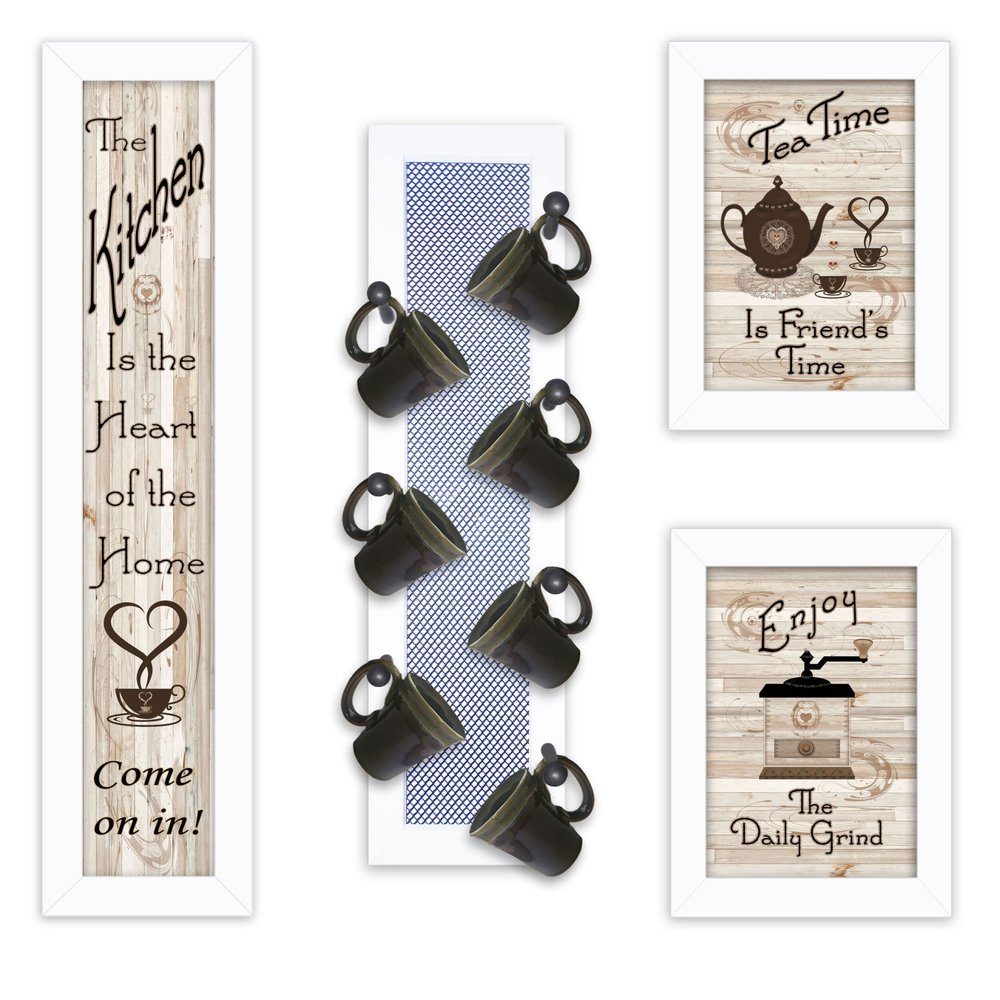 Set Of Four Kitchen Collection V with Seven Peg Mug Rack 3 Black Framed Print Kitchen Wall Art HomeRoots