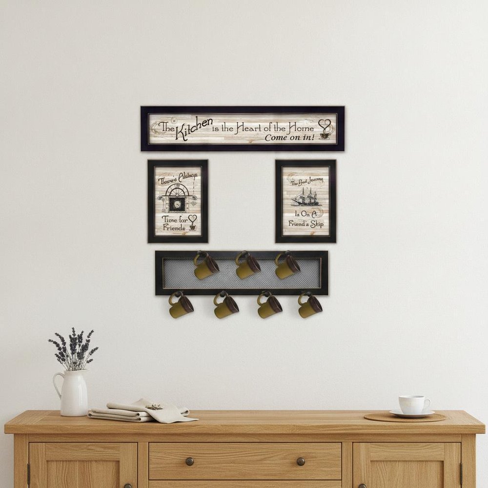 Set Of Four Kitchen Collection VI with Seven Peg Mug Rack 3 Black Framed Kitchen Wall Art — view 6