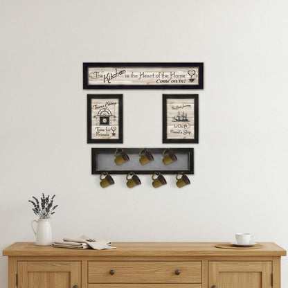 Set Of Four Kitchen Collection VI with Seven Peg Mug Rack 3 Black Framed Kitchen Wall Art