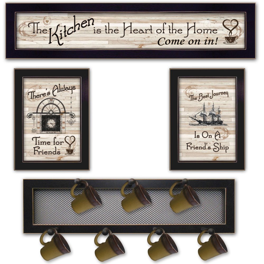 Set Of Four Kitchen Collection VI with Seven Peg Mug Rack 3 Black Framed Kitchen Wall Art