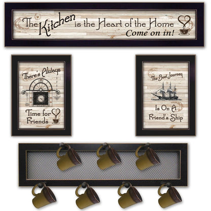 Set Of Four Kitchen Collection VI with Seven Peg Mug Rack 3 Black Framed Kitchen Wall Art