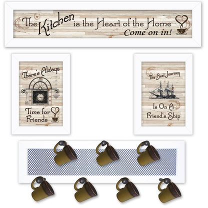 Set Of Four Kitchen Collection VI with Seven Peg Mug Rack 2 Black Framed Kitchen Wall Art HomeRoots
