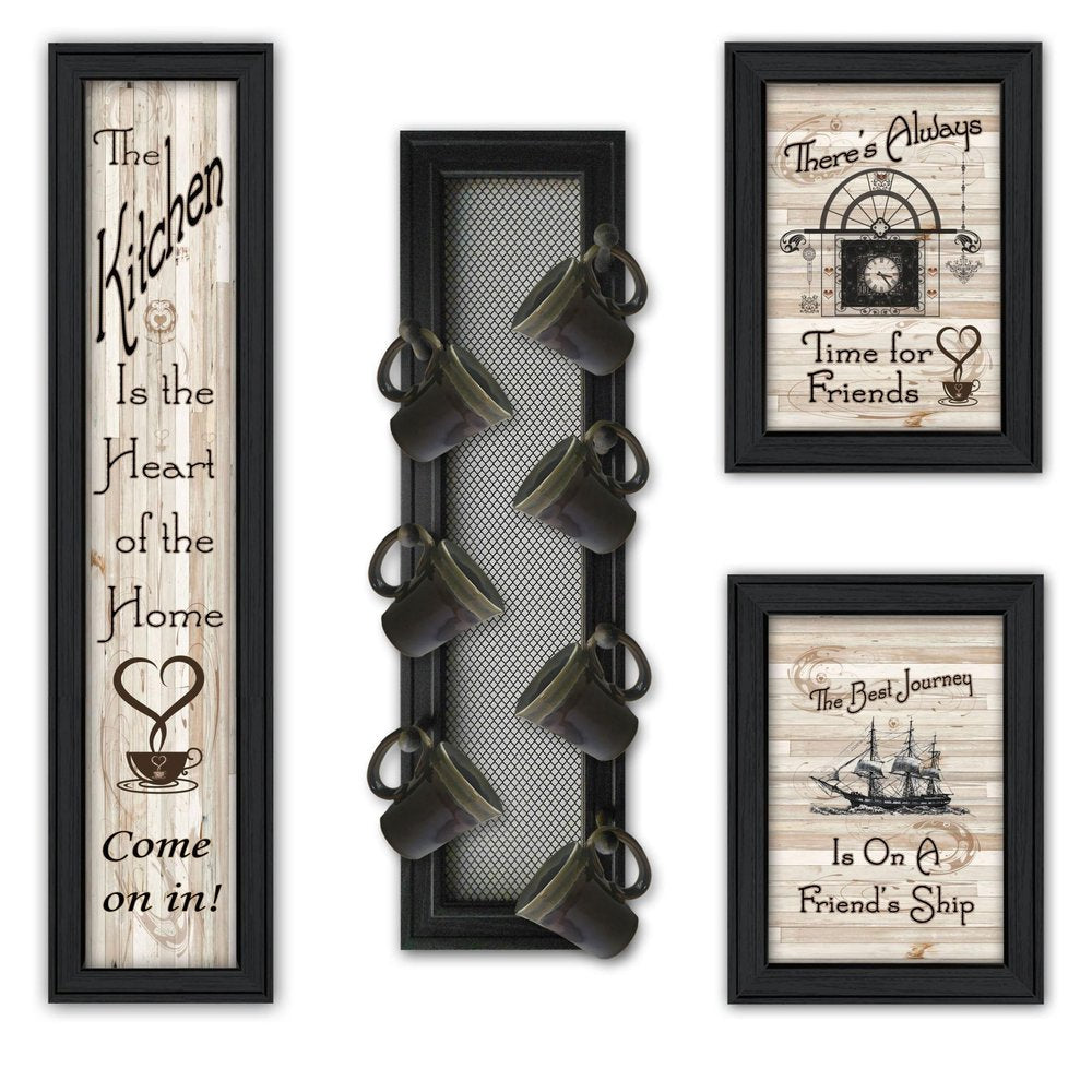 Set Of Four Kitchen Collection VII with Seven Peg Mug Rack 2 Black Framed Print Kitchen Wall Art HomeRoots
