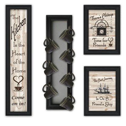 Set Of Four Kitchen Collection VII with Seven Peg Mug Rack 2 Black Framed Print Kitchen Wall Art HomeRoots