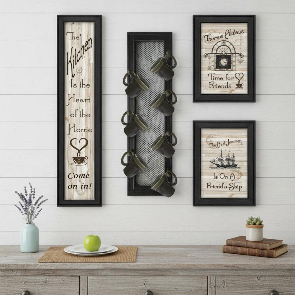 Set Of Four Kitchen Collection VII with Seven Peg Mug Rack 2 Black Framed Print Kitchen Wall Art — view 1