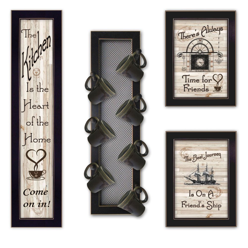 Set Of Four Kitchen Collection VII with Seven Peg Mug Rack 3 Black Framed Print Kitchen Wall Art — view 1
