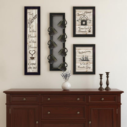 Set Of Four Kitchen Collection VII with Seven Peg Mug Rack 3 Black Framed Print Kitchen Wall Art