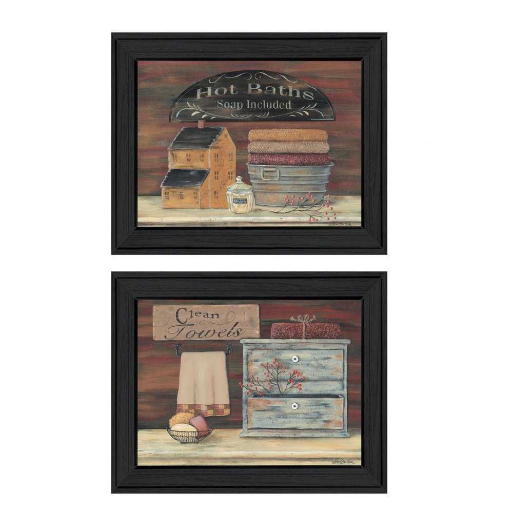Set Of Two Hot Bath or Clean Towels Black Framed Print Bathroom Wall Art — view 1