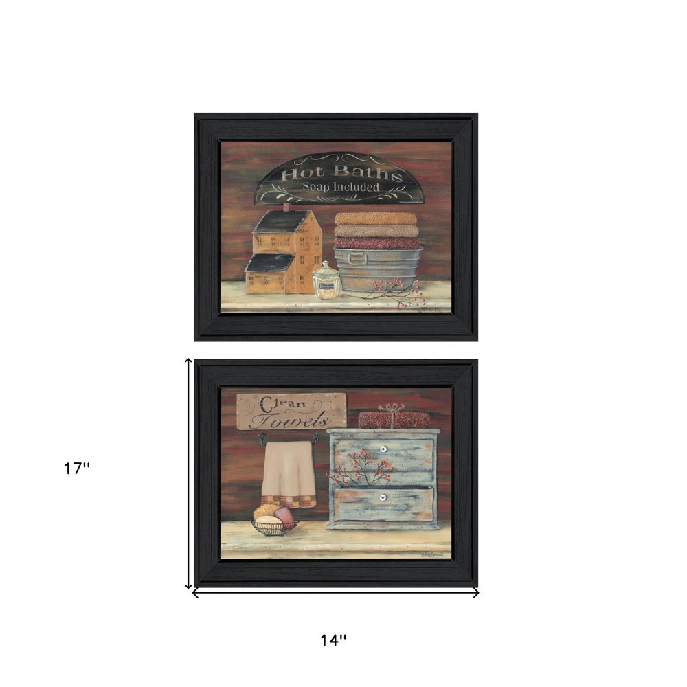 Set Of Two Hot Bath or Clean Towels Black Framed Print Bathroom Wall Art — view 3