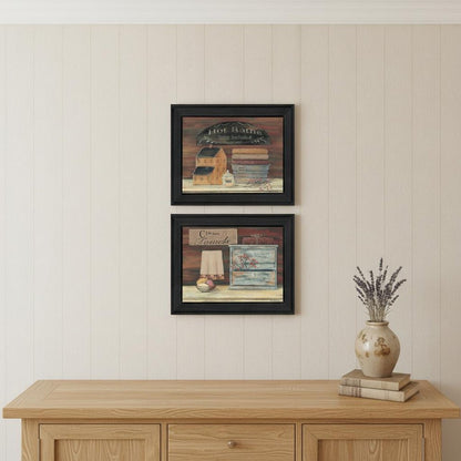 Set Of Two Hot Bath or Clean Towels Black Framed Print Bathroom Wall Art