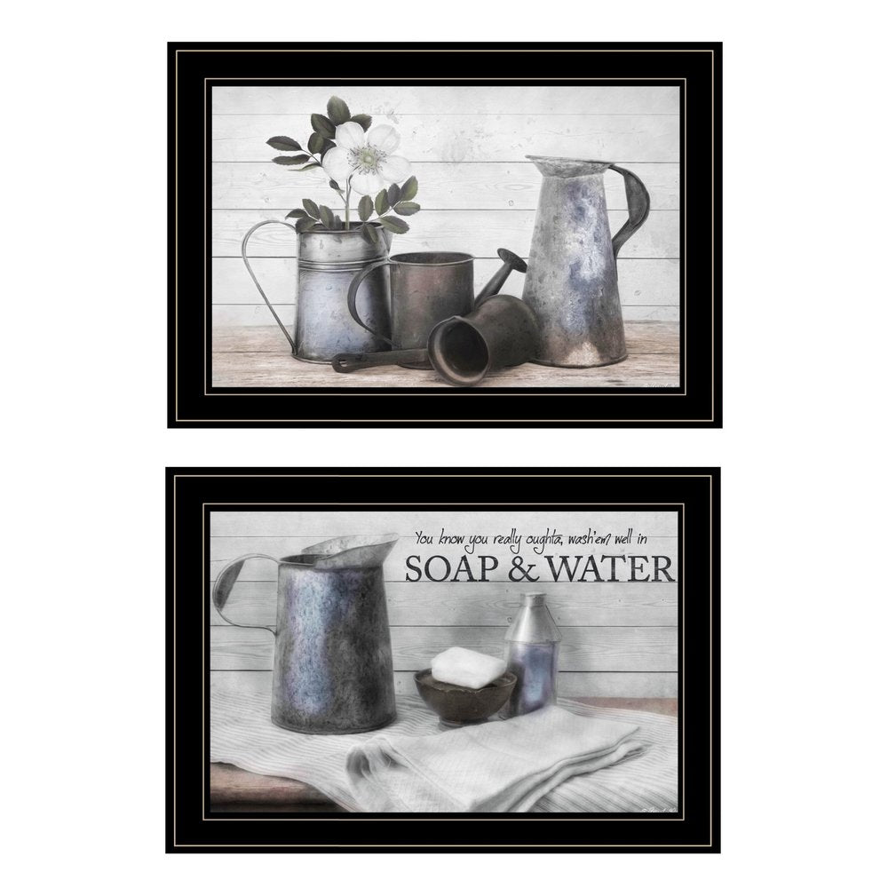 Set Of Two Soap or Floral 2 Black Framed Print Bathroom Wall Art HomeRoots