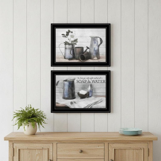 Set Of Two Soap or Floral 2 Black Framed Print Bathroom Wall Art