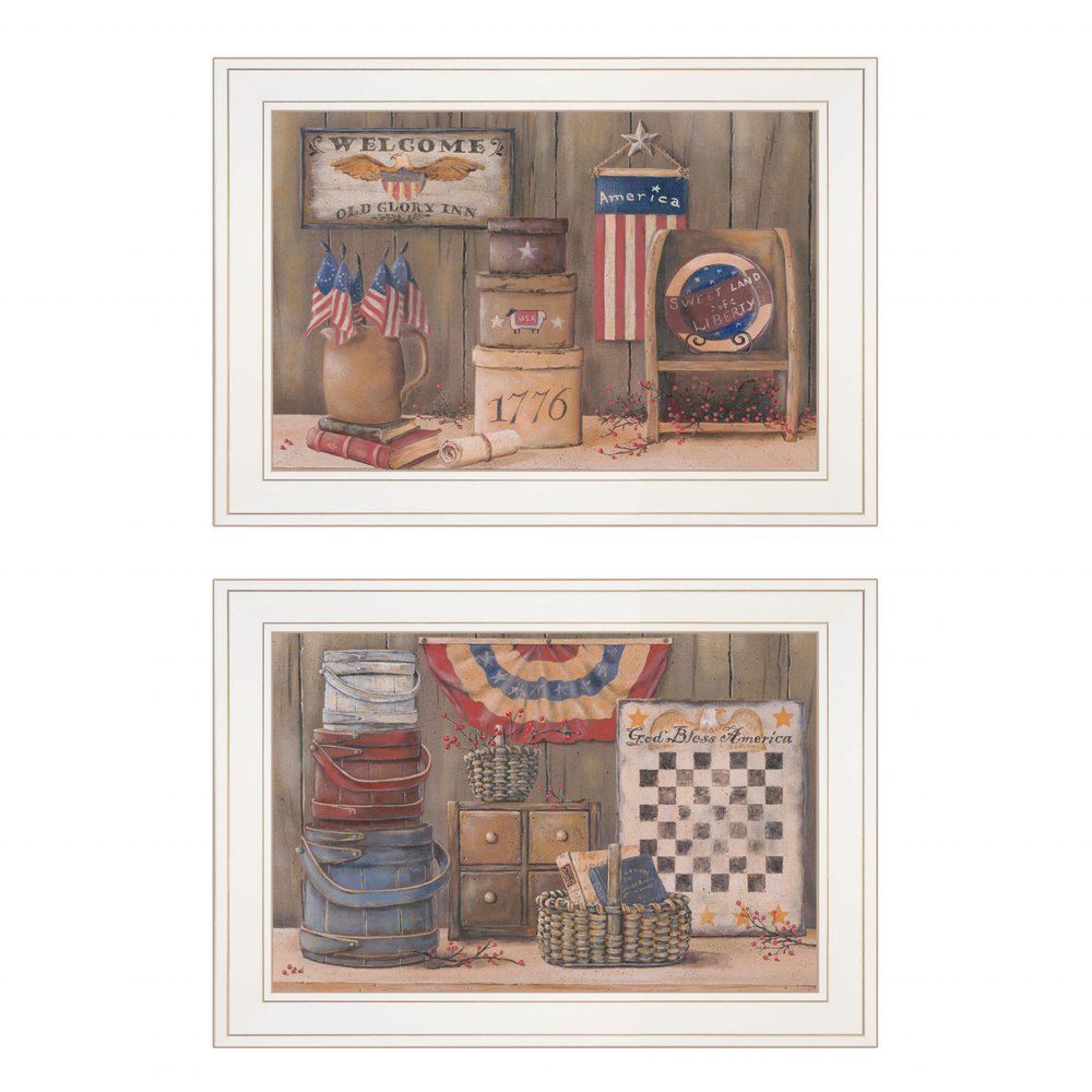 Set Of Two God Bless or Sweet Land 1 White Framed Print Wall Art — view 1