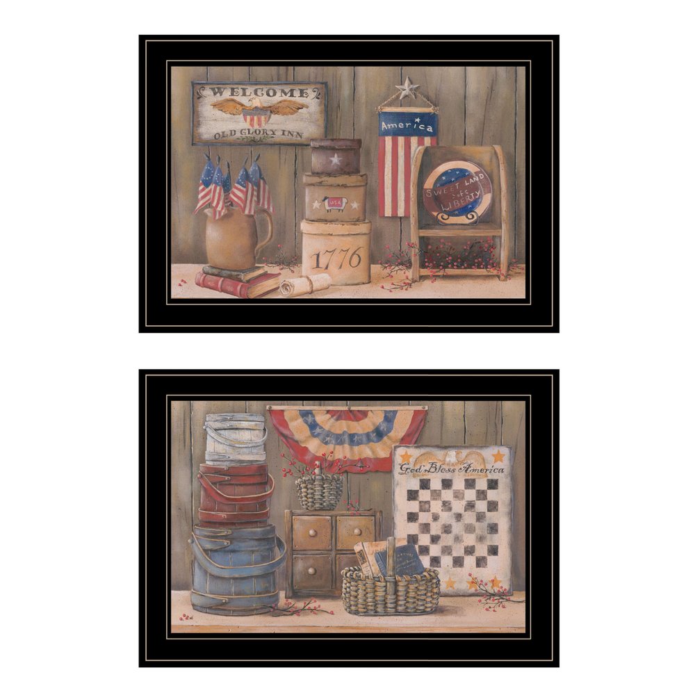 Set Of Two God Bless or Sweet Land 2 Black Framed Print Wall Art — view 1