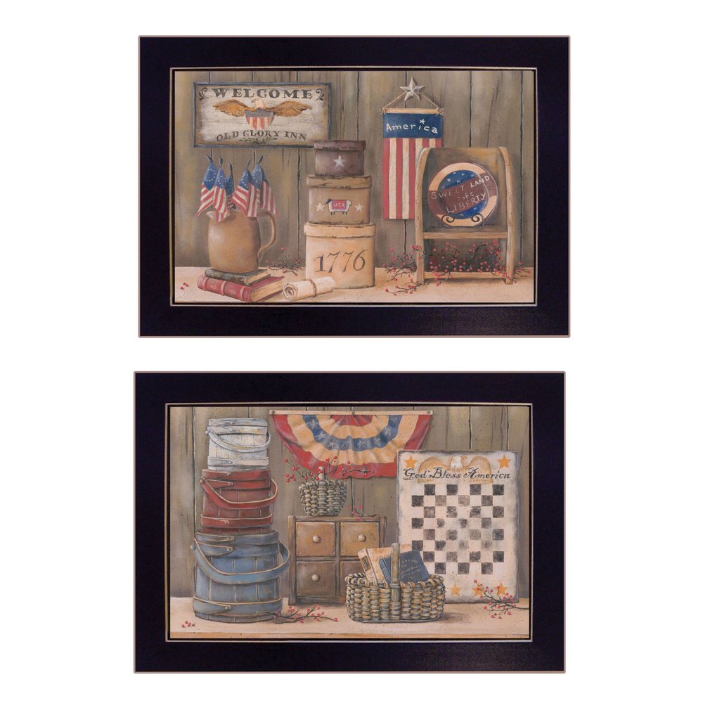 Set Of Two God Bless or Sweet Land 3 Black Framed Print Wall Art — view 1