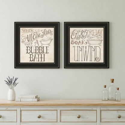 Set Of Two Soak and Unwind 3 Black Framed Print Bathroom Wall Art