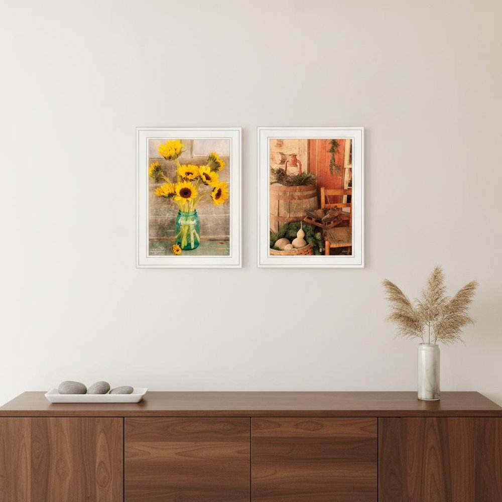 Set Of Two Vintage Country and Sunflowers 1 White Framed Print Wall Art — view 4