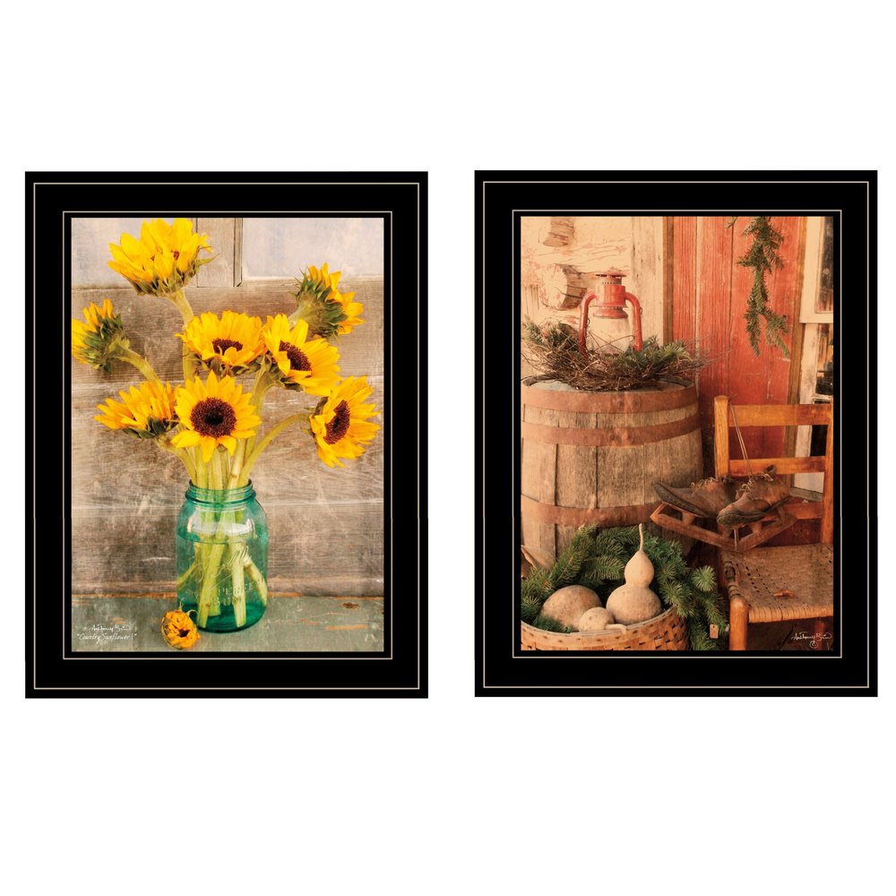 Set Of Two Vintage Country and Sunflowers 2 Black Framed Print Wall Art — view 1