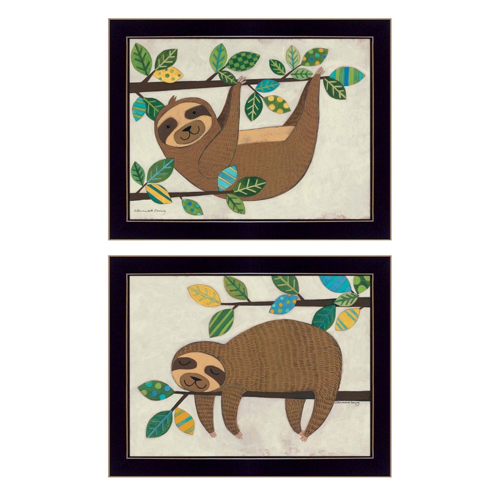 Set Of Two Cute Sloths 1 Black Framed Print Wall Art — view 1