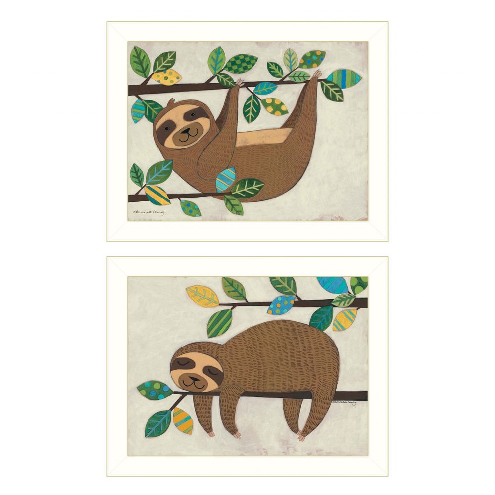 Set Of Two Cute Sloths 2 White Framed Print Wall Art — view 1
