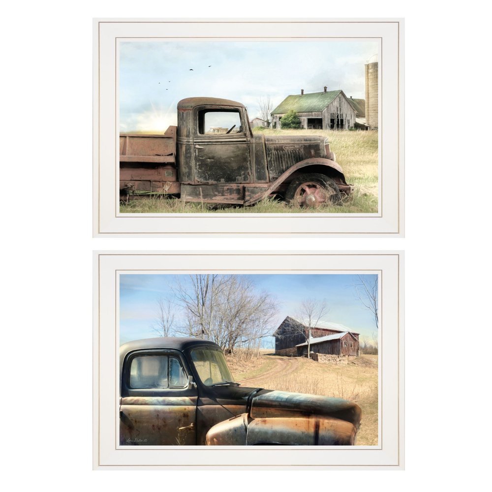 Set Of Two Vintage Farm Trucks 1 White Framed Print Wall Art — view 1