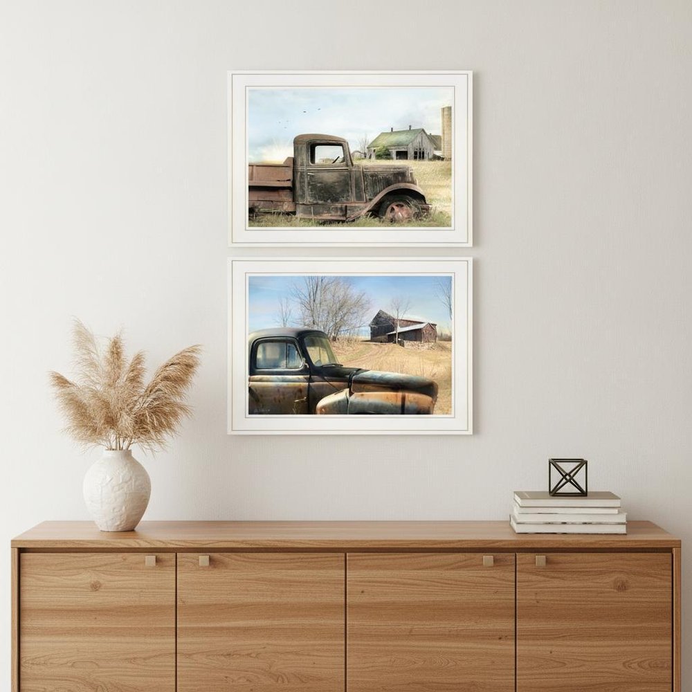 Set Of Two Vintage Farm Trucks 1 White Framed Print Wall Art HomeRoots