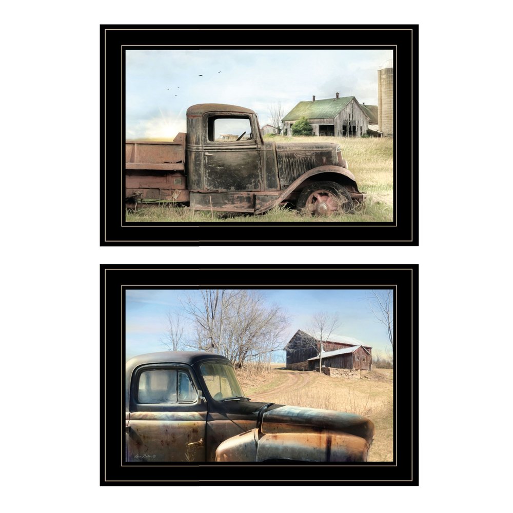 Set Of Two Vintage Farm Trucks 2 Black Framed Print Wall Art — view 1