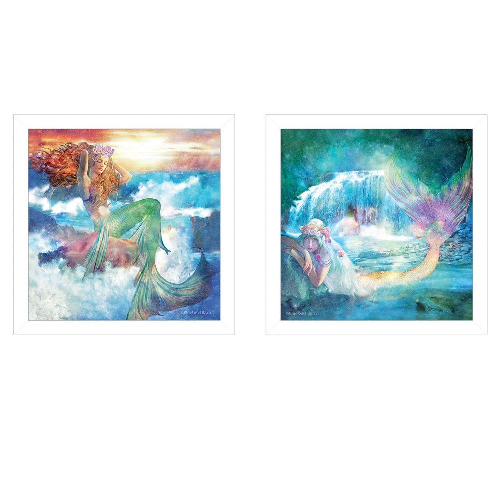 Set Of Two Mermaids 3 White Framed Print Wall Art — view 1