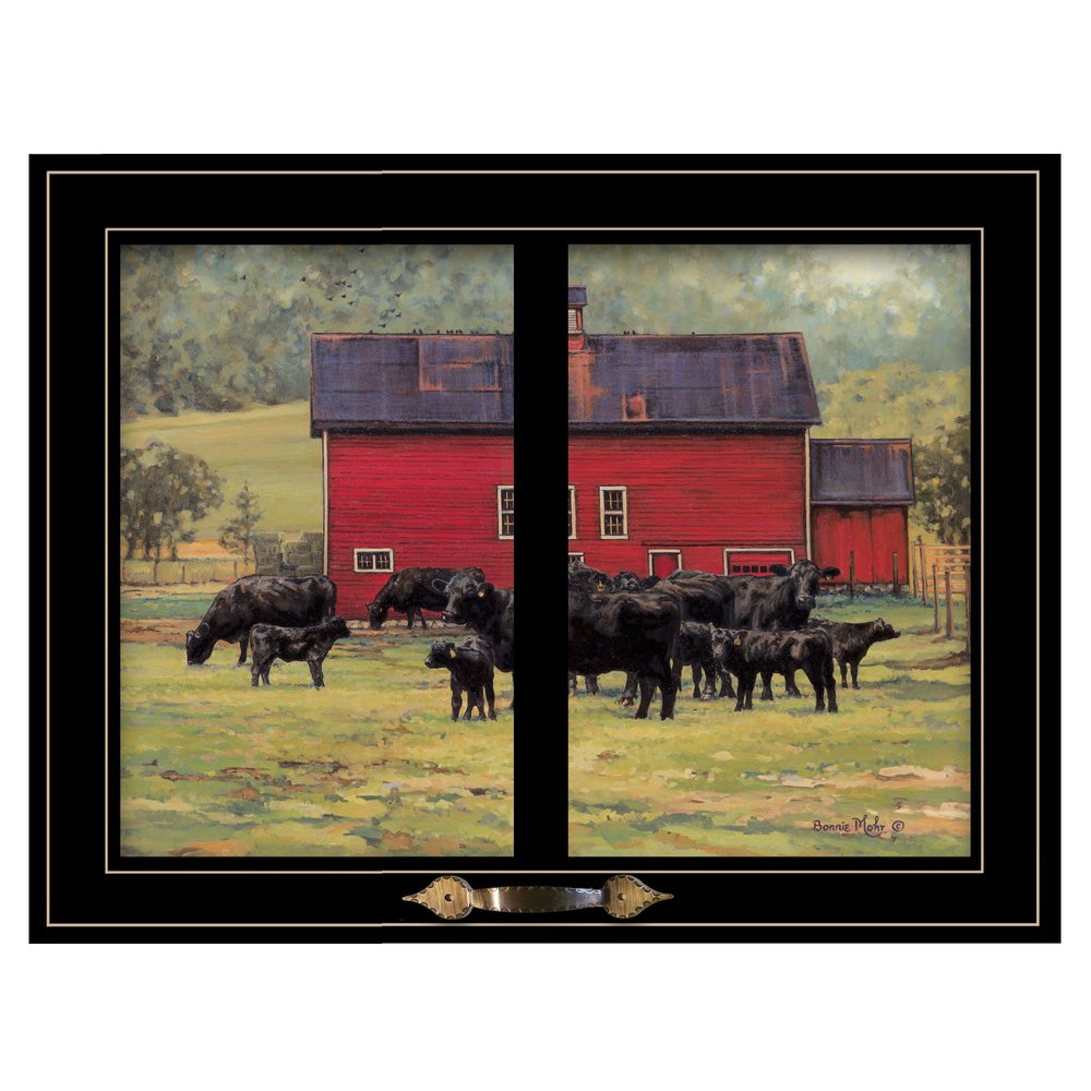 By the Red Barn Herd of Angus 2 Black Framed Print Wall Art — view 1