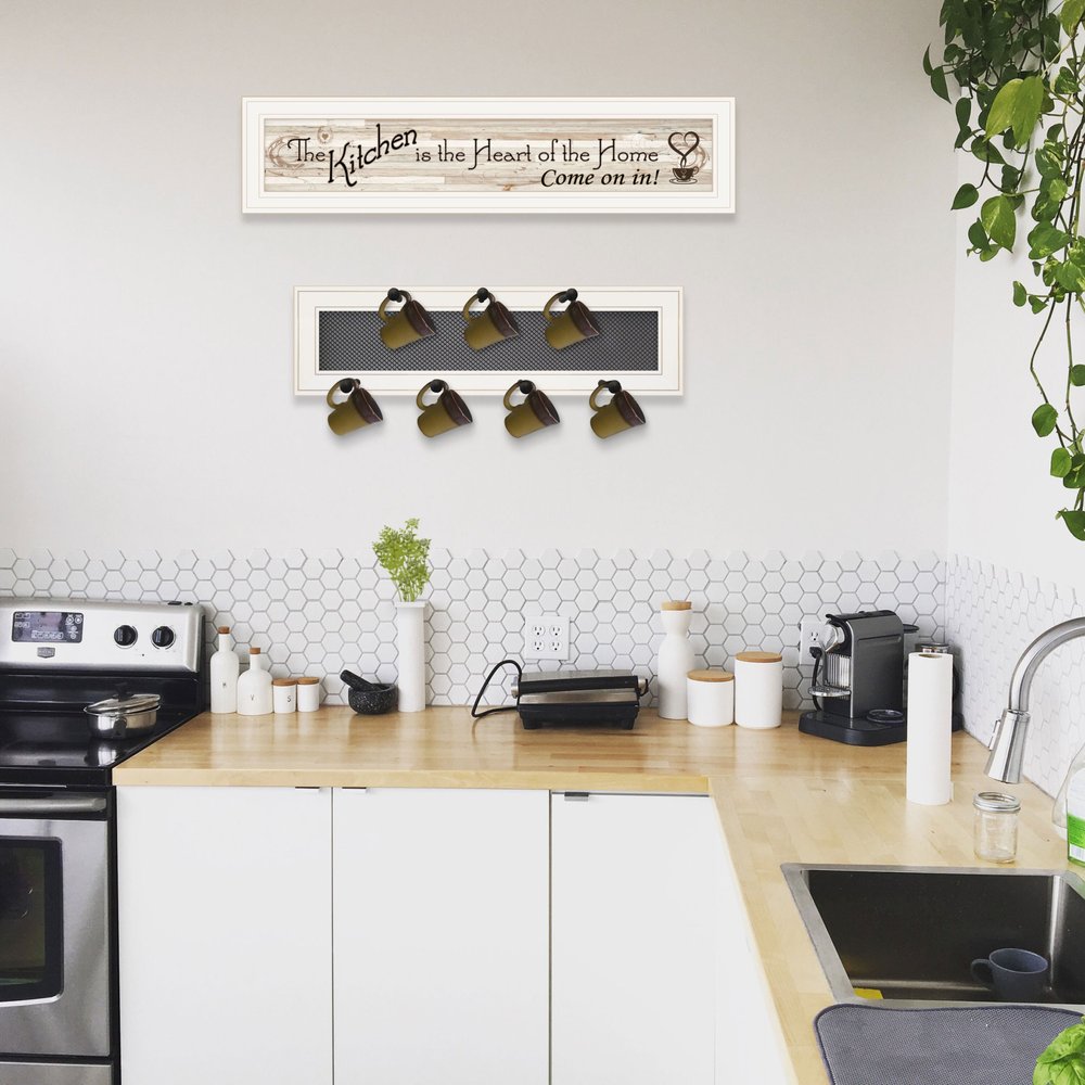 Set Of Two Kitchen Print and Mug Rack White Framed Kitchen Wall Art HomeRoots